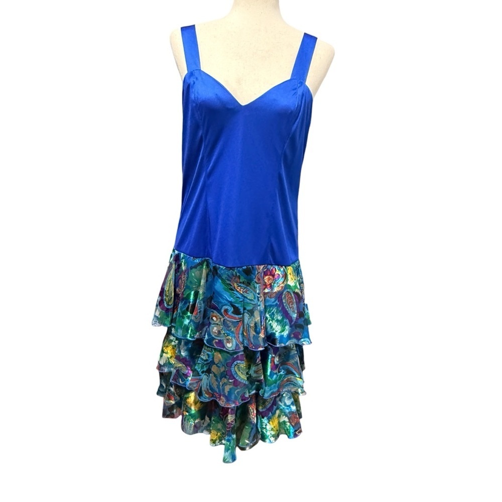 Ann Hobbs Cattiva Peacock Drop Waist Sleeveless Ruffled Dress Sz 8 2 Pc 80s Blue